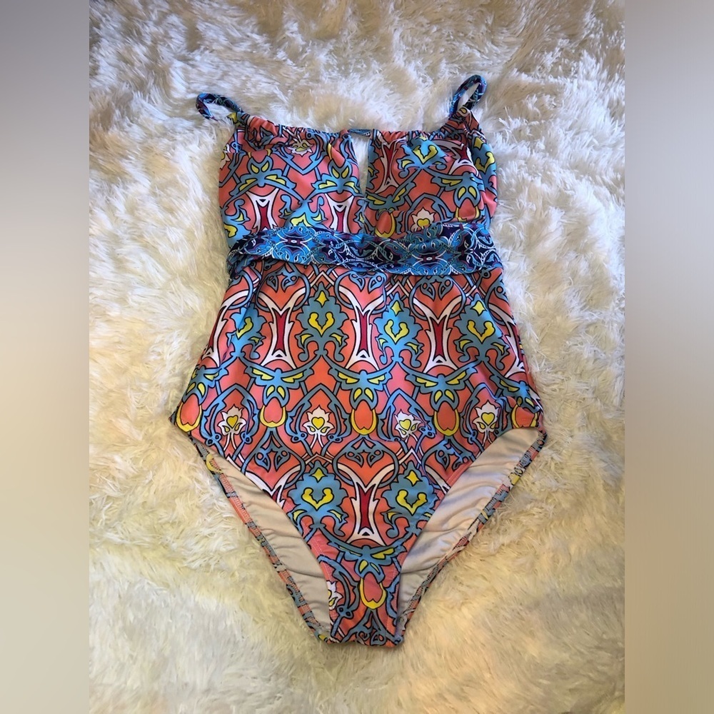VENUS Blue and Pink One Piece Swimsuit with Decorative Waist Tie NWOT - Picture 14 of 14